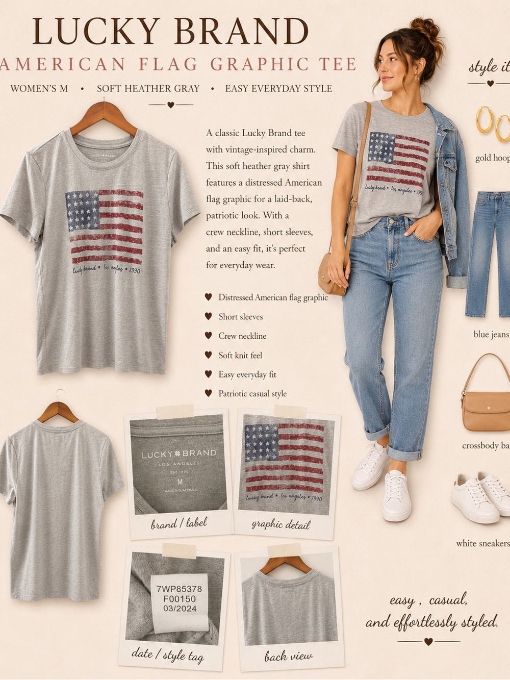 Lucky Brand Gray Womens M Short Sleeve Tee with American Flag